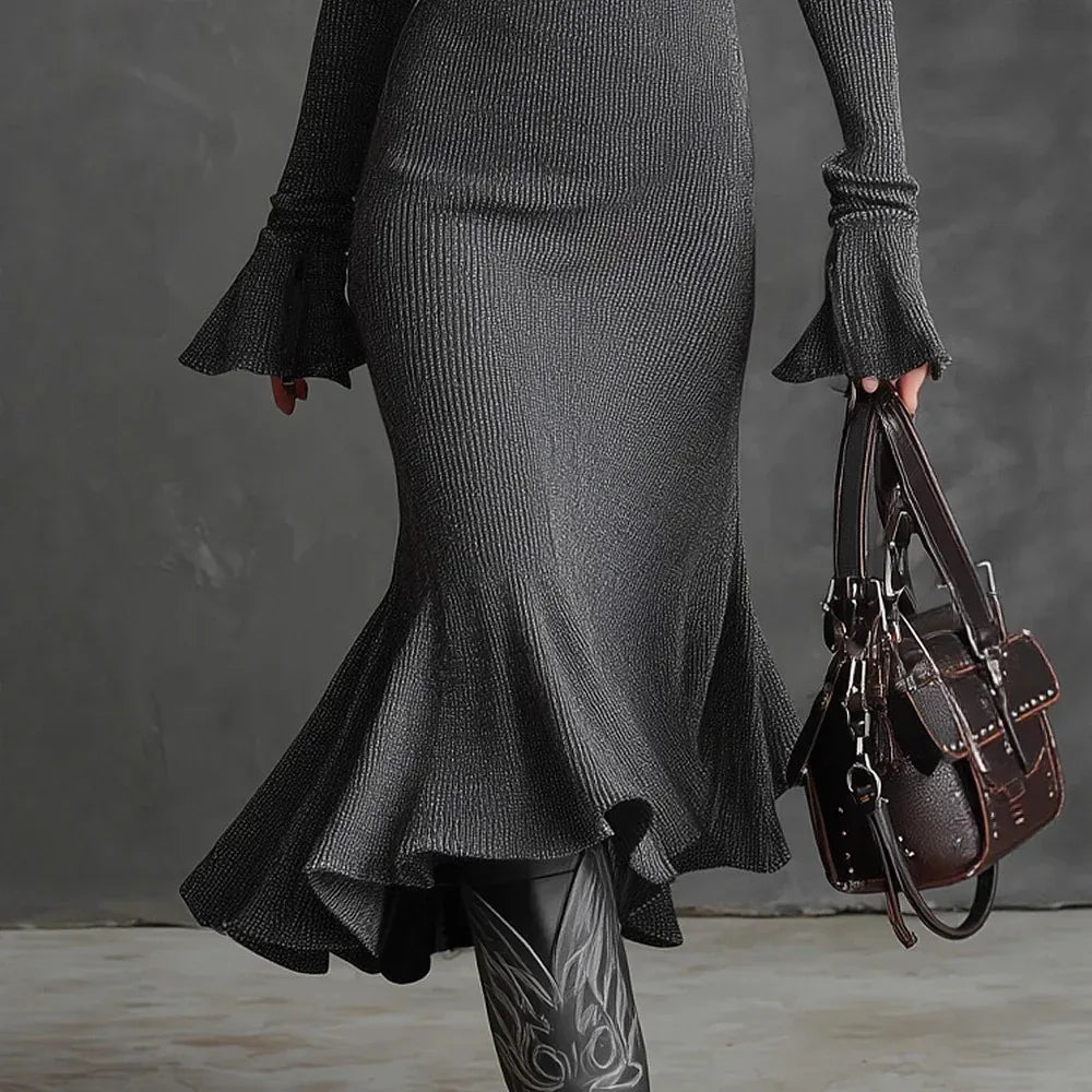 Pleated-collar Flared-sleeve Knitted Mermaid Skirt - DanaFashionstore