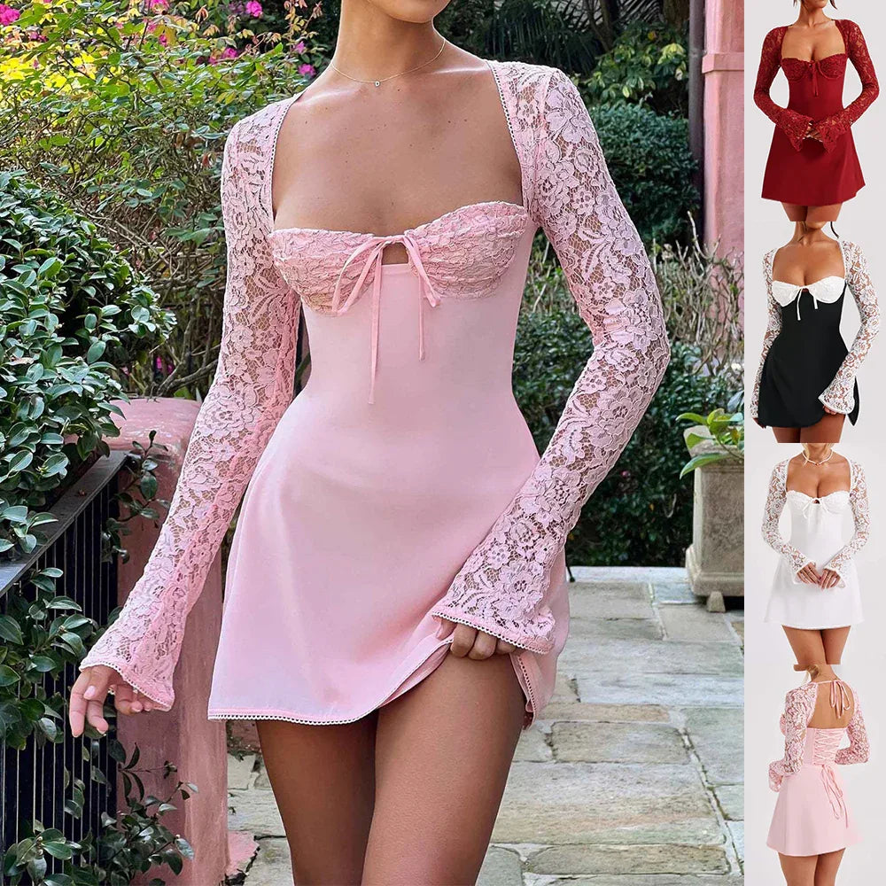 Y2K Lace Long Sleeve Dress Fashion Sexy Corset Backless Lace Up Short Dresses Womens Clothing - DanaFashionstore
