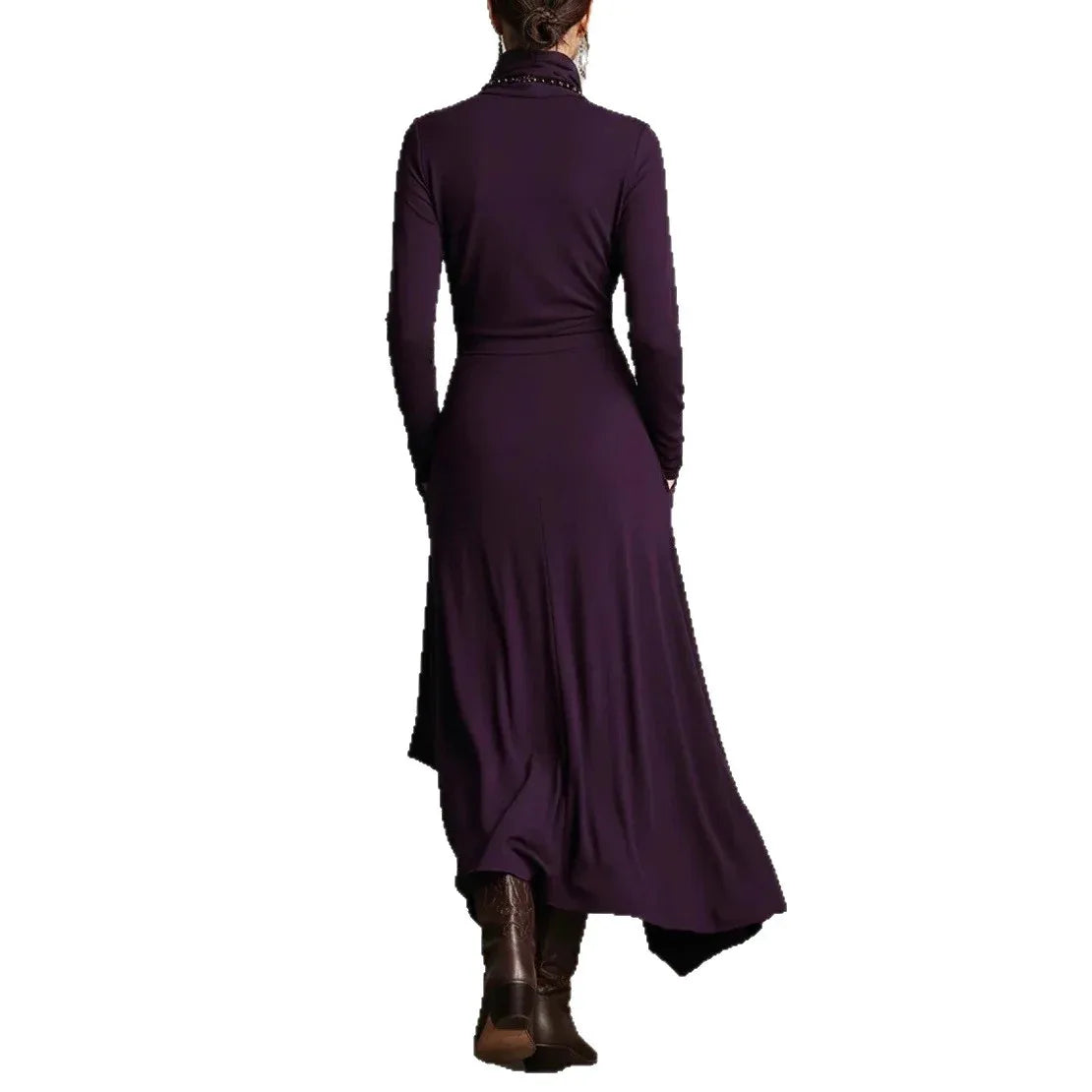 Women's Solid Color Cross-sleeve High-neck Dress - DanaFashionstore