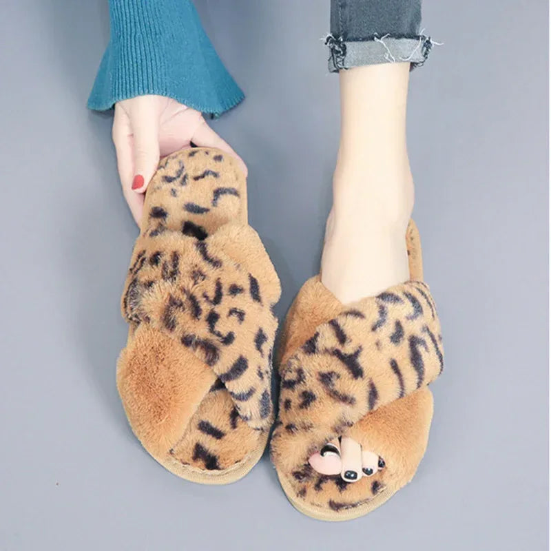 Cross-strap Fuzzy Slippers Leopard Plush House Shoes Flat Bedroom Slippers Slippers For Women - DanaFashionstore