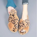 Cross-strap Fuzzy Slippers Leopard Plush House Shoes Flat Bedroom Slippers Slippers For Women - DanaFashionstore