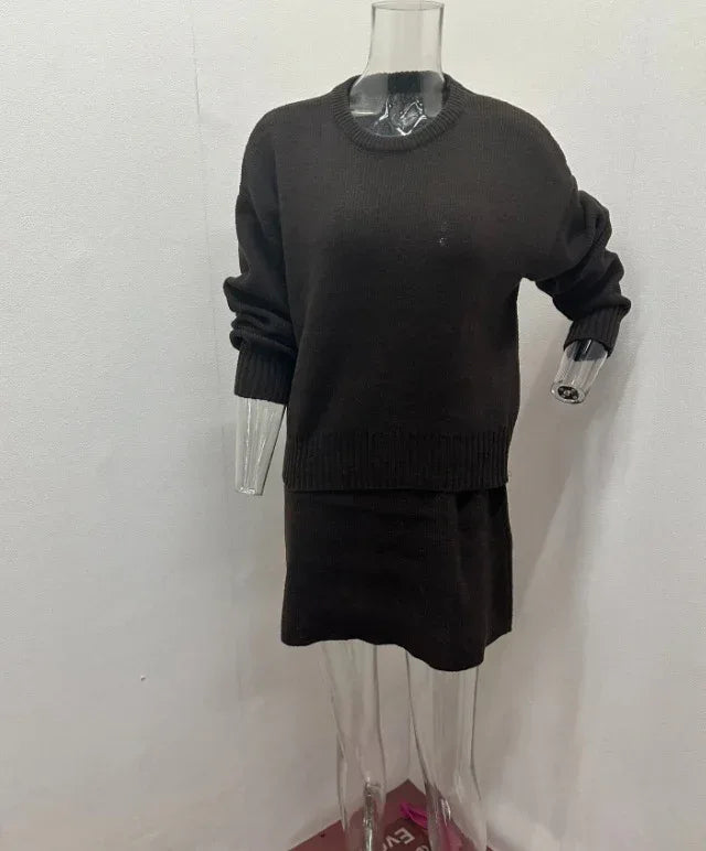 Sweater Skirt Sets For Women 2 Pieces Knit Casual Versatile Long Sleeve Pullover Elegant Solid High Waist Mini Skirt Outfit - DanaFashionstore