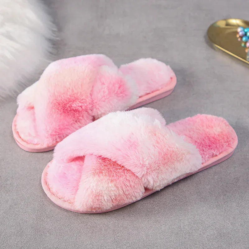 Fashion Cross Plush Casual Rainbow Slippers - DanaFashionstore