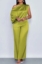 Spot 2026 European And American Cross-border Summer Casual Women's Satin Suit Slanted Collar Short-sleeved Top Trousers Set