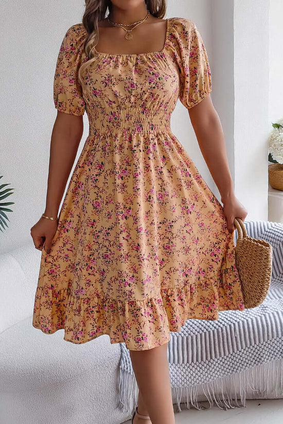Floral Print Square Collar Dress Summer Fashion Ruffles Dresses Women's Clothing $49.99 Dana Fashion Color: Black Size: L Women's clothing Overview: Unique design, stylish and beautiful. Good material, comfortable wear. A variety of colors, any choice. Pr