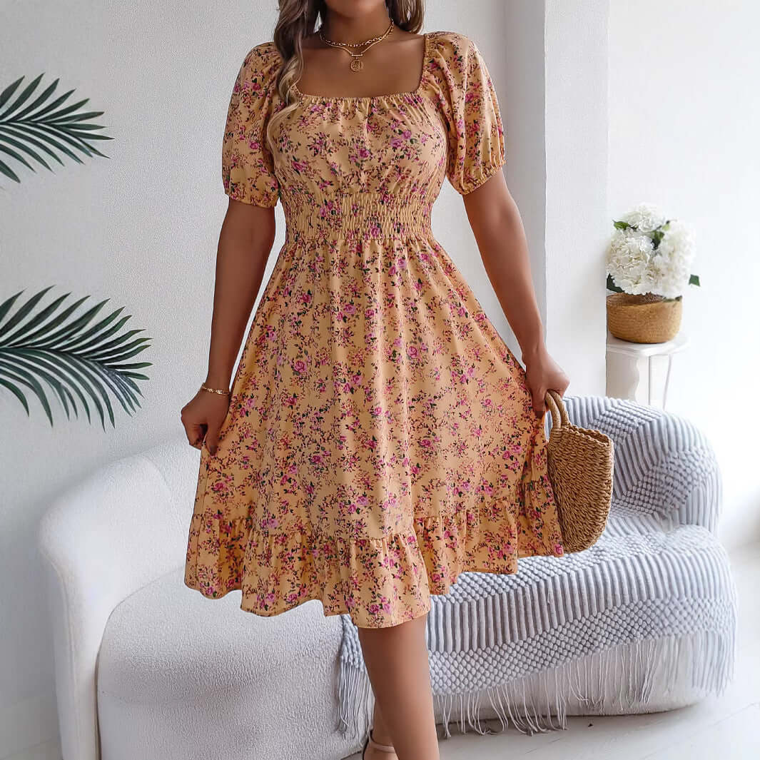 Floral Print Square Collar Dress Summer Fashion Ruffles Dresses Women's Clothing $49.99 Dana Fashion Color: Black Size: L Women's clothing Overview: Unique design, stylish and beautiful. Good material, comfortable wear. A variety of colors, any choice. Pr