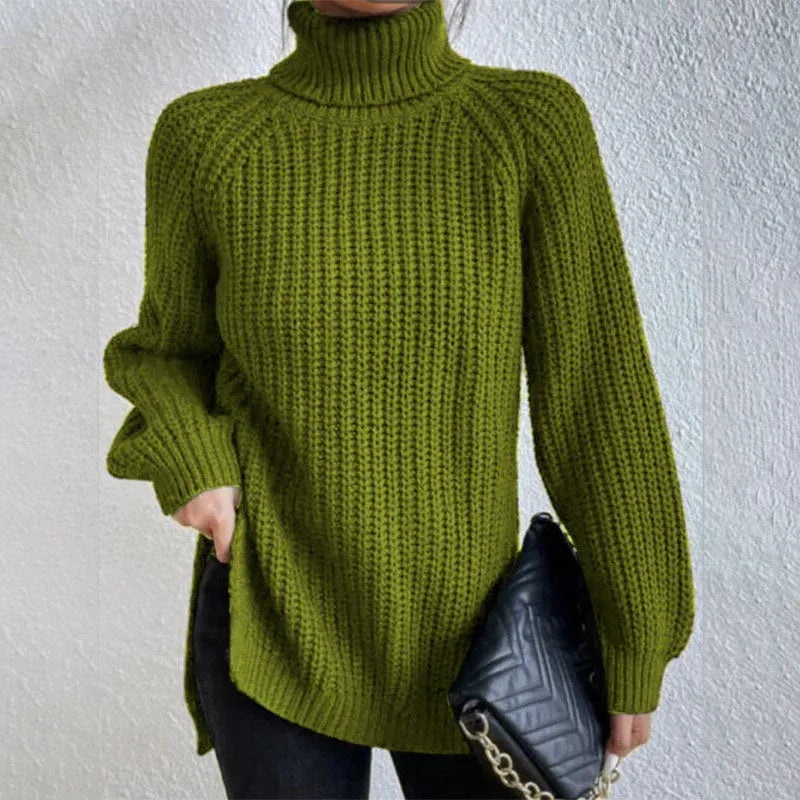 Turtleneck Pullover Sweater With Split Design Fashion Simple Solid Color Long Sleeve Tops Women's Clothing - DanaFashionstore