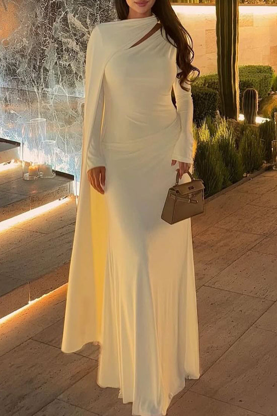 Solid Color Pleated Long Sleeve Dress