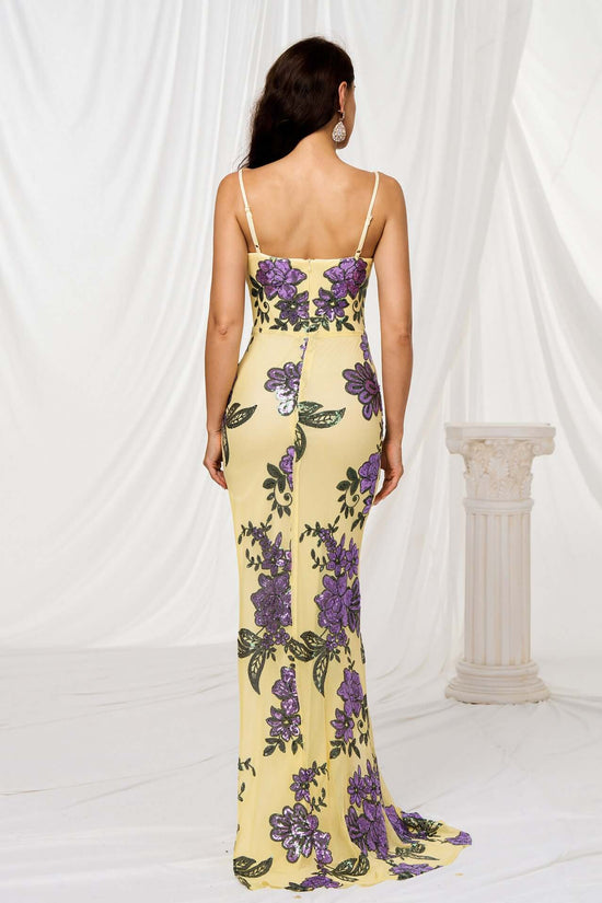 V-neck Brace Slim-fit Sheath Sequined Slit Evening Dress $104.40 Dana Fashion Color: Yellow Size: L Women's clothing Product information: Color: yellow Size: S,M,L,XL Style type: Elegant Popular elements: Sequins Style: Basic Fabric name: Polyester Craft: