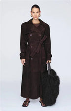 Double Breasted Lapel Shift Coat With Belt Fashion Vintage Suede Long Coat Winter Outwear Women's Clothing - DanaFashionstore
