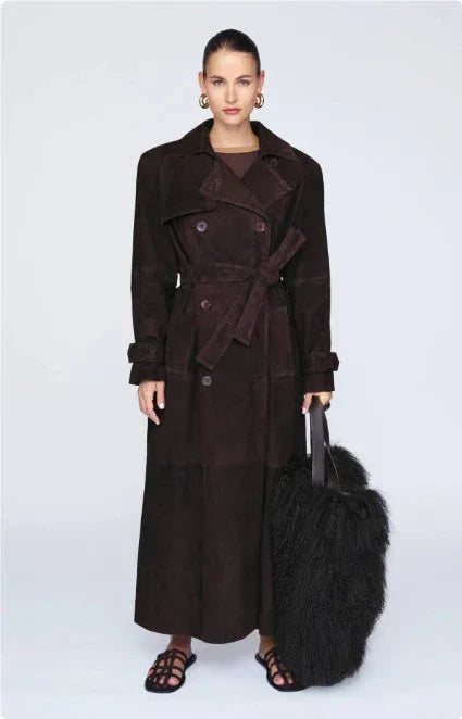 Double Breasted Lapel Shift Coat With Belt Fashion Vintage Suede Long Coat Winter Outwear Women's Clothing - DanaFashionstore