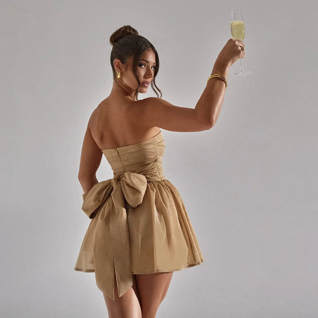 Tube Top Lace Dress With Back Bow-knot Summer Fashion Temperament Mesh Stitching Off-neck Short Skirt - DanaFashionstore