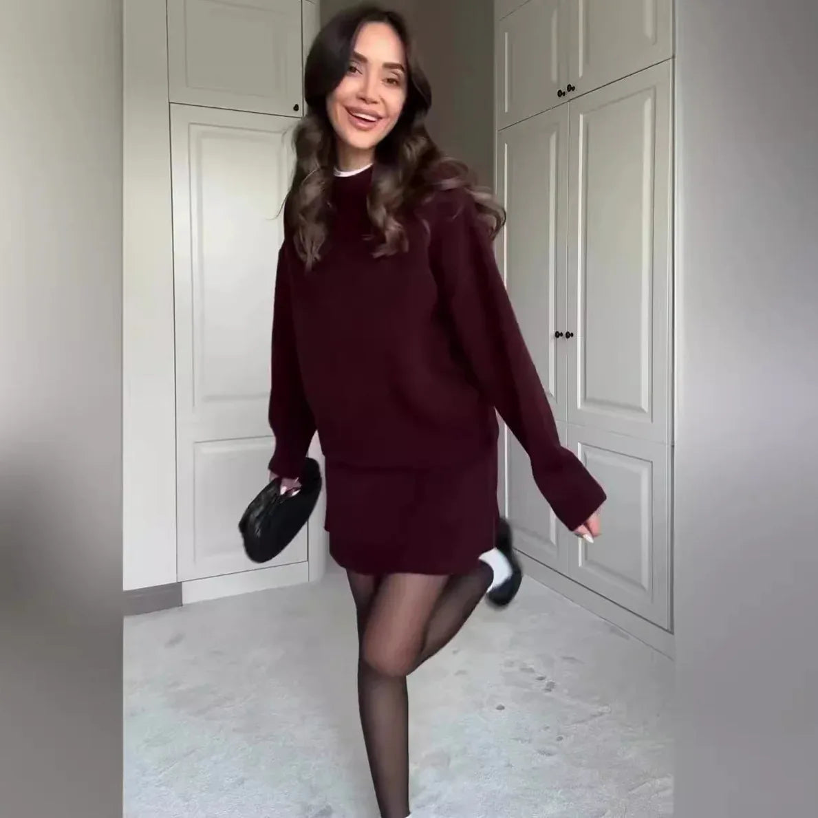 Sweater Skirt Sets For Women 2 Pieces Knit Casual Versatile Long Sleeve Pullover Elegant Solid High Waist Mini Skirt Outfit - DanaFashionstore