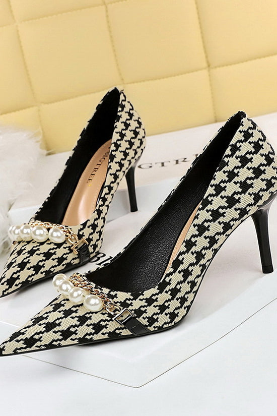 Shallow Mouth Pointed Pearl Chain Plaid Women's Single Shoes