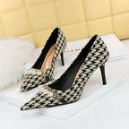 Shallow Mouth Pointed Pearl Chain Plaid Women's Single Shoes - DanaFashionstore