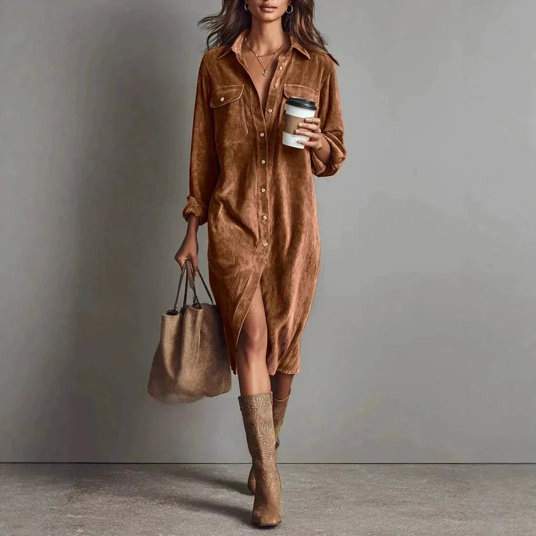 Turn-Down Collar Buttons Chic Casual Dress, Women Spring Autumn Solid Simple Party Dress, Long Sleeve Holiday Ladies Dress - DanaFashionstore