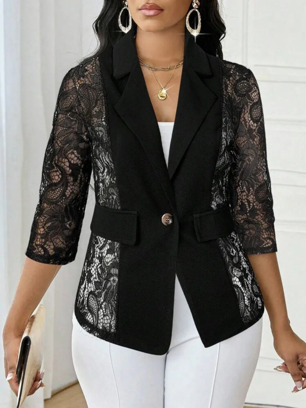 Womens Solid-Color Lace Hollowed-Out Three-Quarter-Sleeve Casual Jacket - DanaFashionstore