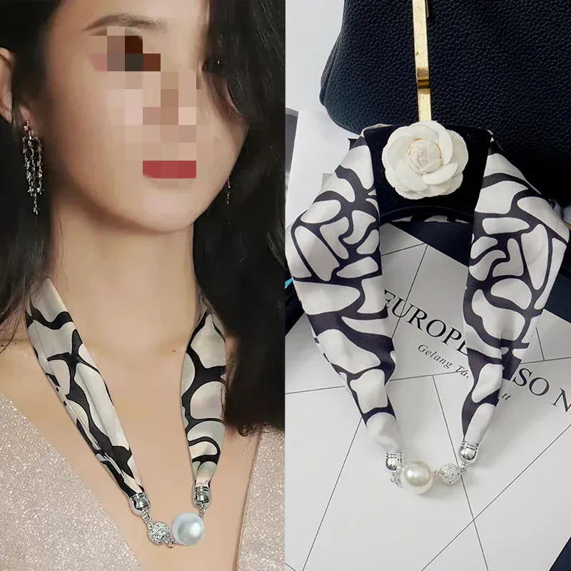 Magnetic Buckle Silk Women Scarf Pearl Necklace - DanaFashionstore