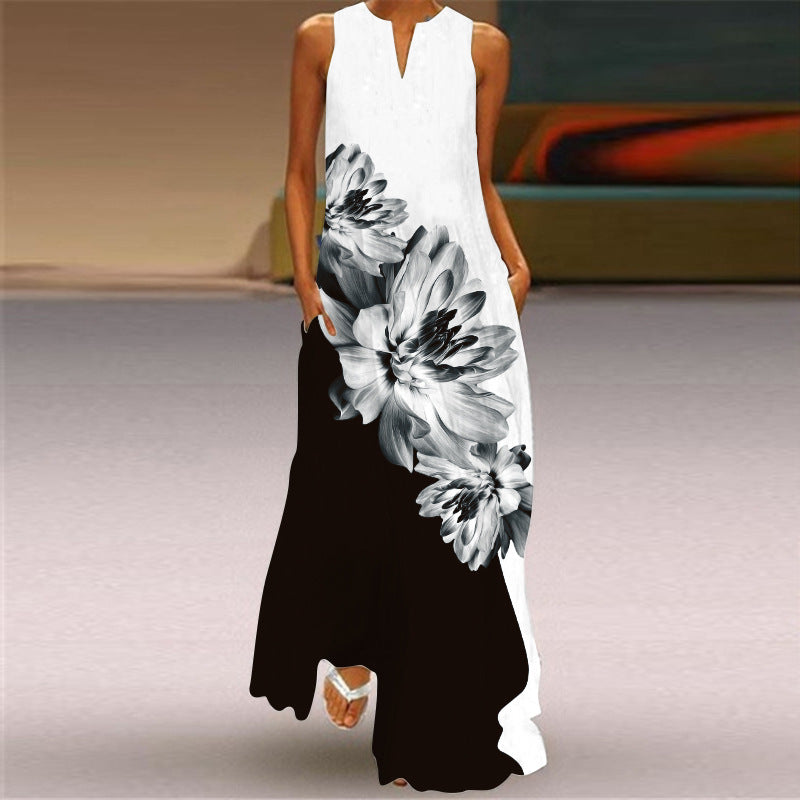 Butterfly Print Long Dress V-Neck Sleeveless