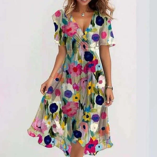 Chiffon Printed Short Sleeve Dress Summer Elegant V-neck Dresses Womens Clothing $58.49 Dana Fashion Color: Color Size: L Women's clothing Overview: Unique design, stylish and beautiful. Good material, comfortable wear. A variety of colors, any choice. Pr