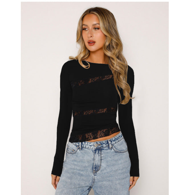 Sexy Lace Patchwork Short-Sleeve Long-Sleeve T-Shirt