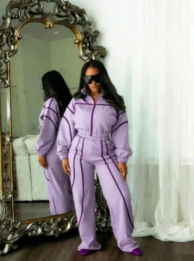 American Hot Girl Contrast-Stitch Zip-Up Jacket & Wide-Leg Pants Set - DanaFashionstore
