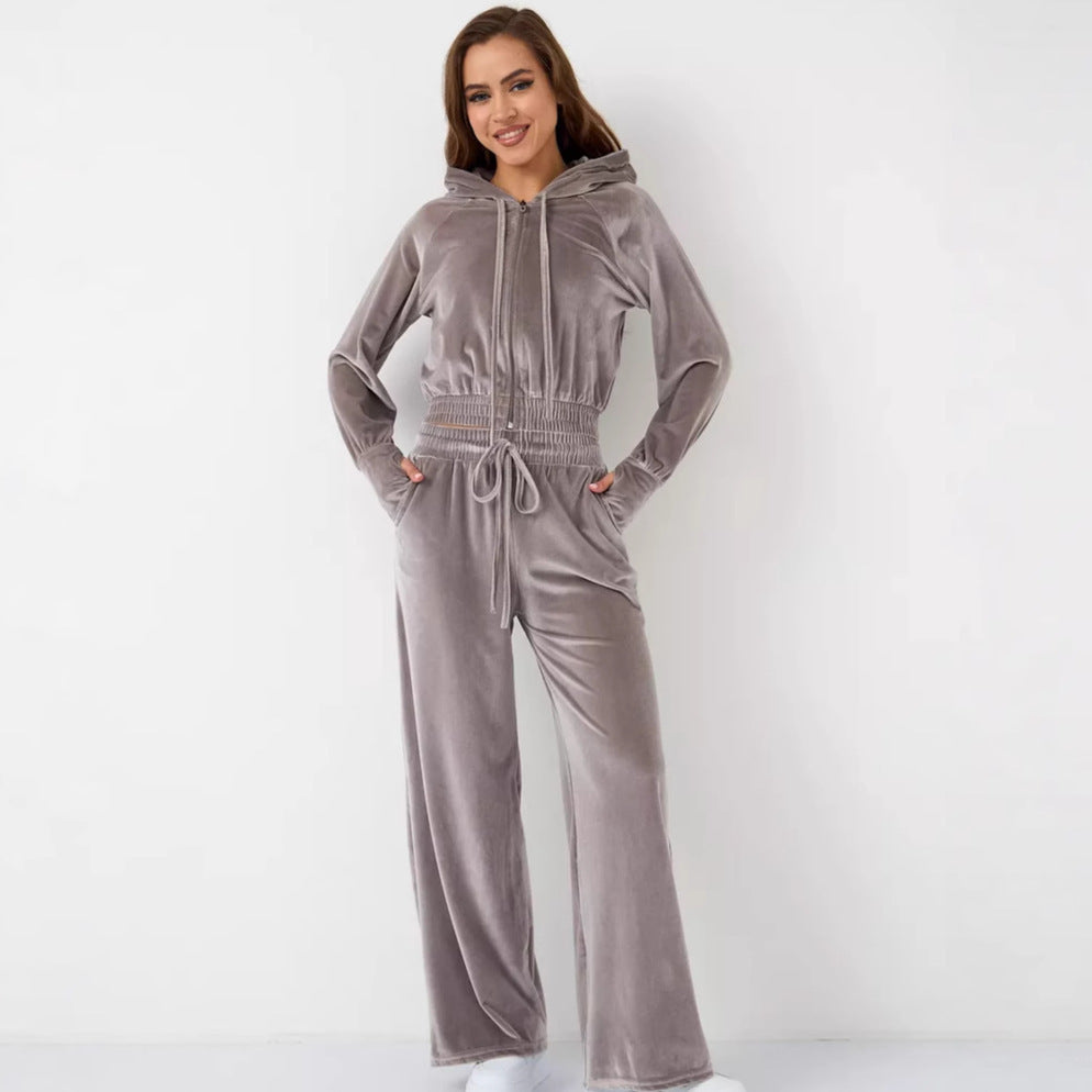 Women's European And American Fashion Casual Solid Color Zipper Cardigan Trousers Suit