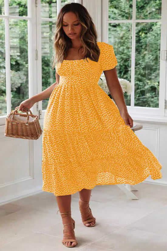 Square Collar Short Sleeve Dress Summer Puff Floral Printed Dress Long Dresses
