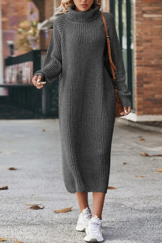 Winter Turtleneck Knitted Sweater Dress Fashion Solid Loose Pullover Long Dresses For Women Clothing - DanaFashionstore