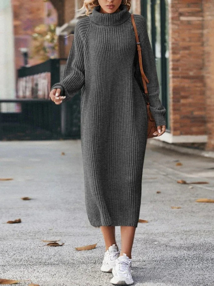 Winter Turtleneck Knitted Sweater Dress Fashion Solid Loose Pullover Long Dresses For Women Clothing - DanaFashionstore