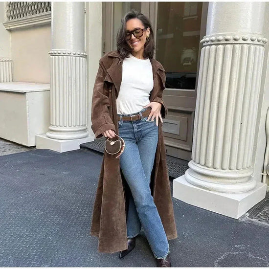 Double Breasted Lapel Shift Coat With Belt Fashion Vintage Suede Long Coat Winter Outwear Women's Clothing - DanaFashionstore