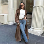 Double Breasted Lapel Shift Coat With Belt Fashion Vintage Suede Long Coat Winter Outwear Women's Clothing - DanaFashionstore
