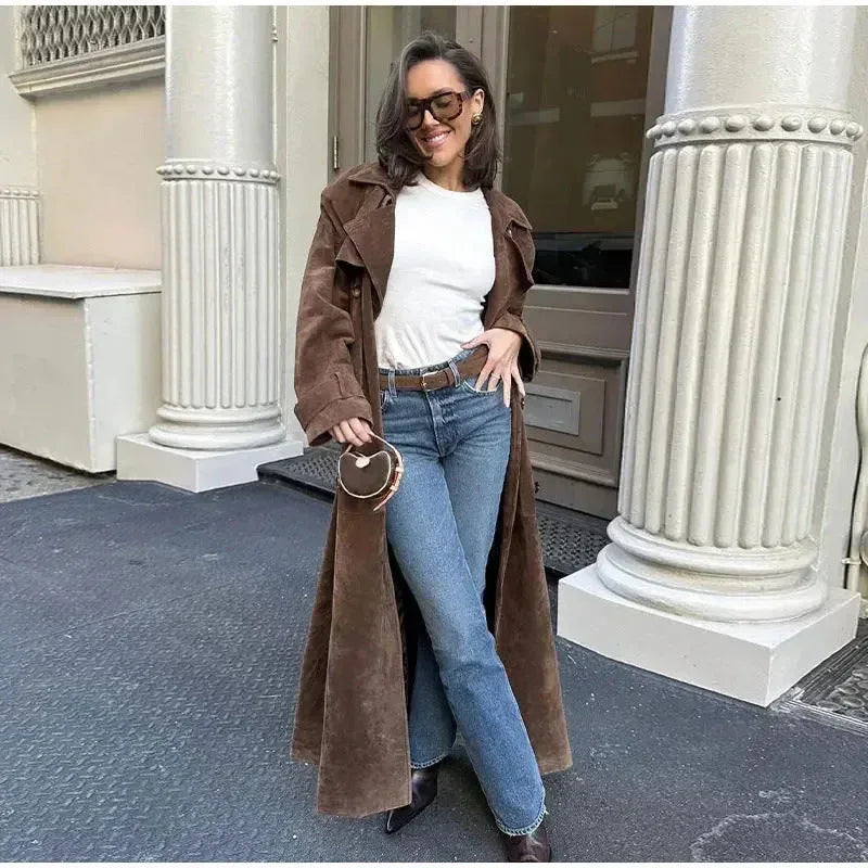 Double Breasted Lapel Shift Coat With Belt Fashion Vintage Suede Long Coat Winter Outwear Women's Clothing - DanaFashionstore