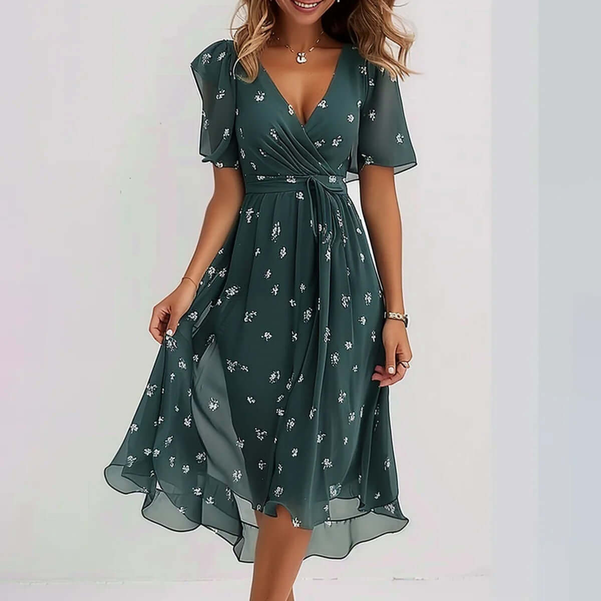Chiffon Printed Short Sleeve Dress Summer Elegant V-neck Dresses Womens Clothing $63.67 Dana Fashion Color: Green Size: 3XL Women's clothing Overview: Unique design, stylish and beautiful. Good material, comfortable wear. A variety of colors, any choice.