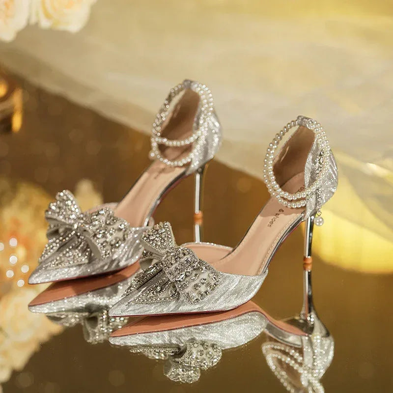 Rhinestone Bow Pointy Hollow Pearl Heels - DanaFashionstore