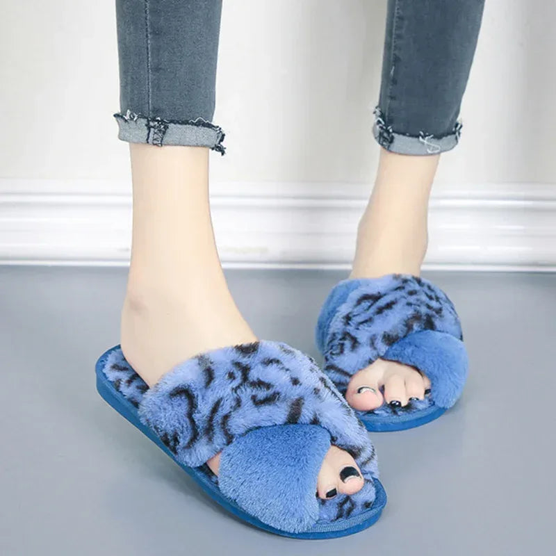 Cross-strap Fuzzy Slippers Leopard Plush House Shoes Flat Bedroom Slippers Slippers For Women - DanaFashionstore