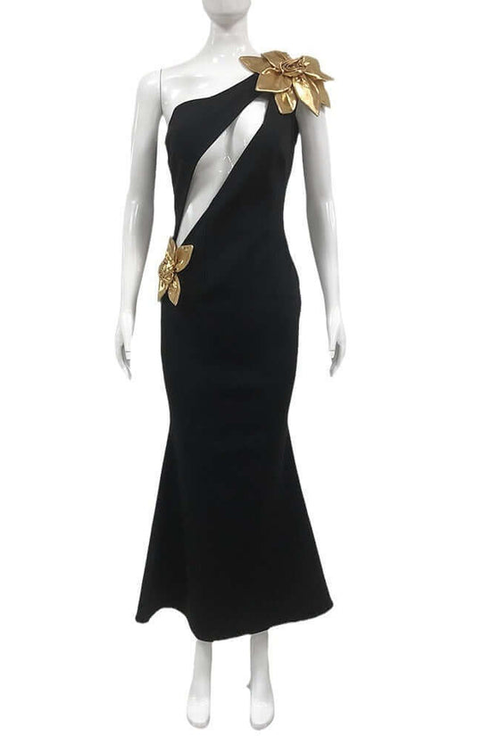 Slim-fit Bandage Golden Flower Maxi Dress $139.12 Dana Fashion Color: Black Size: L Women's clothing Product information: Pattern: Flowers Fabric name: Polyester Skirt type: One-Step skirt Color: Black Size: S,M,L Style type: temperament conjoined Style: