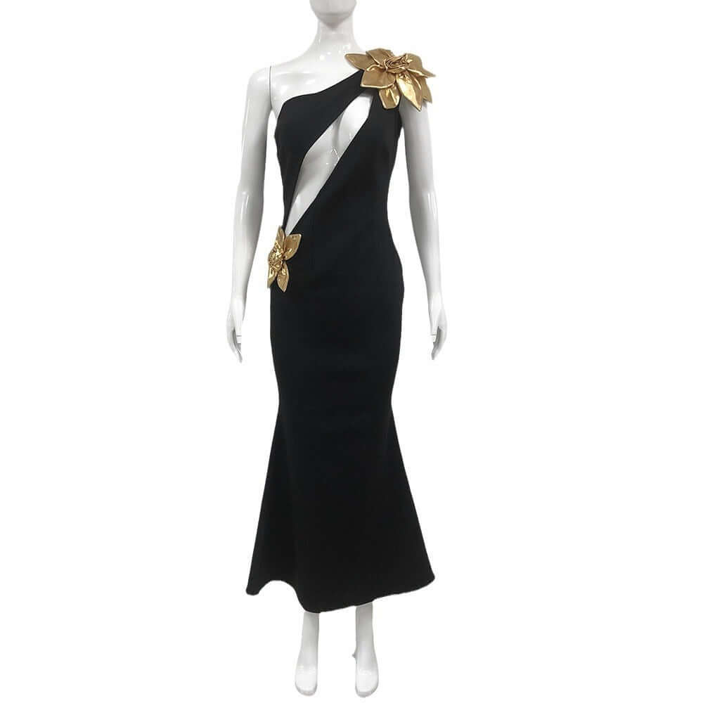 Slim-fit Bandage Golden Flower Maxi Dress $139.12 Dana Fashion Color: Black Size: L Women's clothing Product information: Pattern: Flowers Fabric name: Polyester Skirt type: One-Step skirt Color: Black Size: S,M,L Style type: temperament conjoined Style: