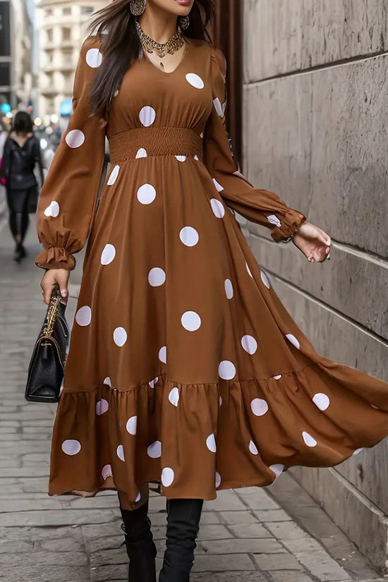 V-neck Long Sleeve Ruffled Hem Dress - Dana Fashion