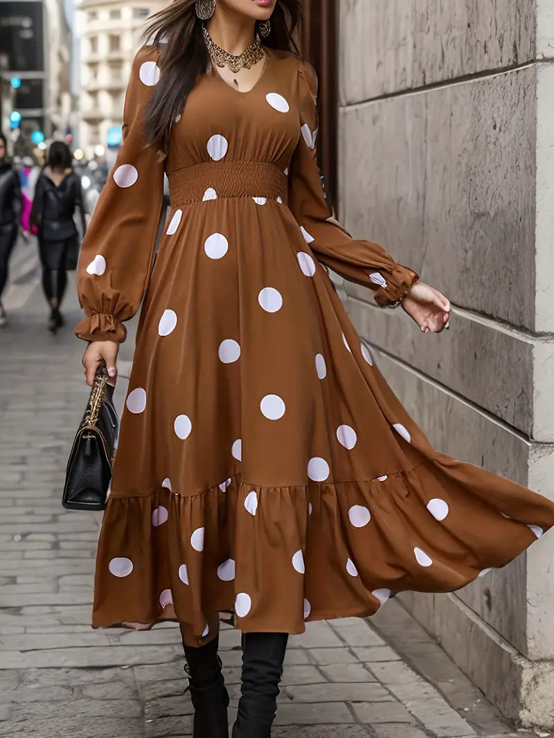 V-neck Long Sleeve Ruffled Hem Dress - Dana Fashion