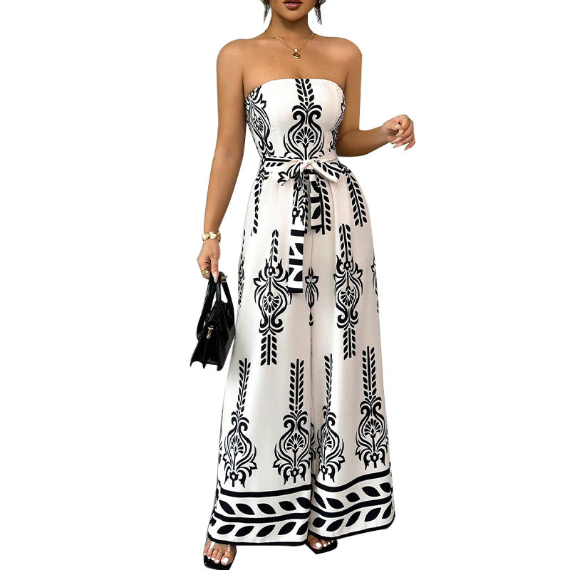 Women's Wide-leg Slim Fit Tied Printed Jumpsuit