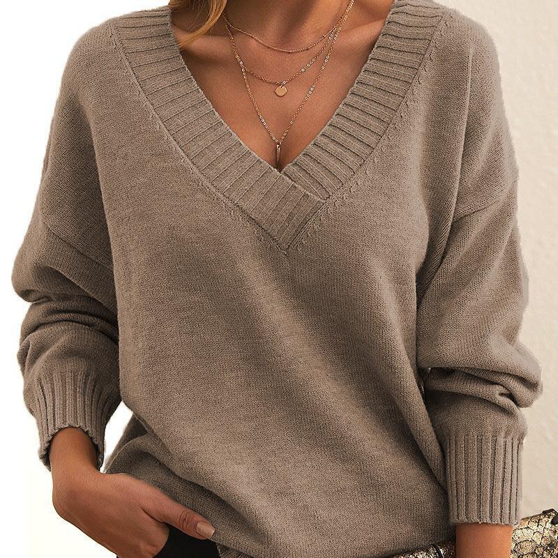 Solid V-neck Sweater Fashion Loose Long-sleeved Knitted Tops Autumn And Winter Women's Clothing - DanaFashionstore