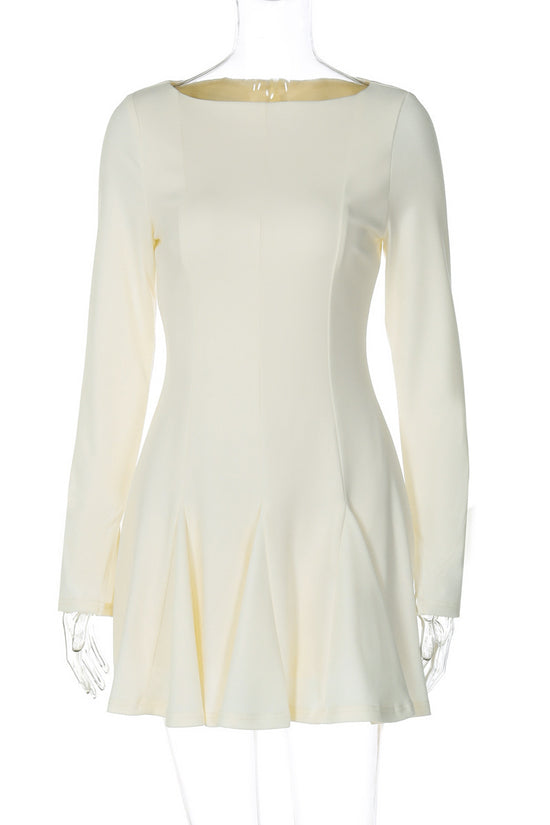 Women's Fashion Bead Round Neck Pleated Slim-fit Waist Back Zipper Dress