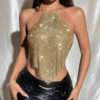 New Solid Color Metal Sexy Hot Girl Halter Sequin Sling Top For Women - DanaFashionstore