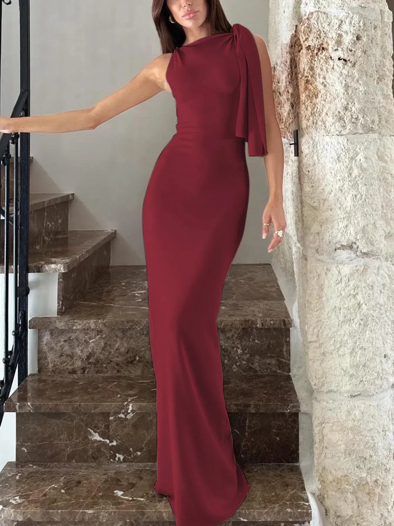 One-shoulder Ribbon Long Dress Ins Fashion Slim Sleeveless Dresses For Evening Party Club Clothing Women - DanaFashionstore