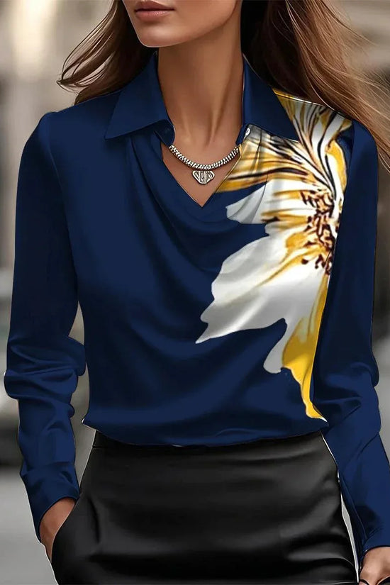 Women's Swing Collar Draped Shirts & Blouses Elegant Solid Satin Office Ladies Top Pullover Spring Long Sleeve Casual Tops - DanaFashionstore
