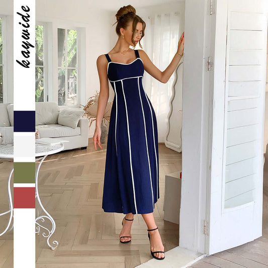 European And American Leisure Vacation Style Seaside Atmosphere Sling Dress $59.90 Dana Fashion Color: Apricot Size: L Women's clothing Product information: Pattern: solid color Skirt type: suspender skirt Color: apricot, green, brick red, navy blue Waist