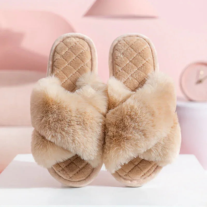 Cross-strap Furry Slippers Warm House Shoes For Women Winter Casual Flip Flops Fluffy Shoes Slides Soft Plush Home Indoor Slippers - DanaFashionstore