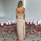 Sexy One-shoulder Backless Slit Dress Summer Elegant Slim-fit Solid Color Satin Dresses For Women - DanaFashionstore
