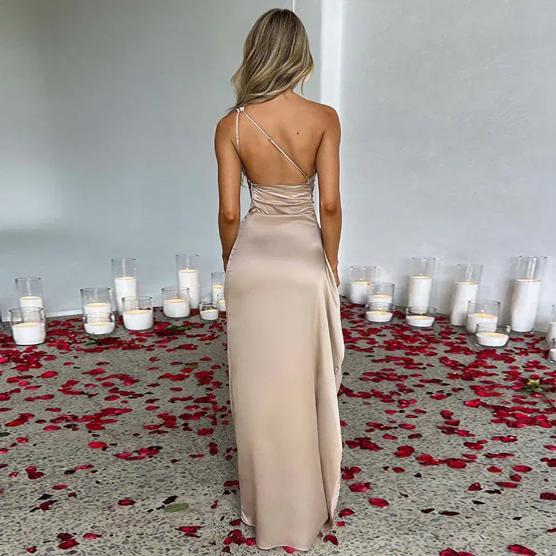 Sexy One-shoulder Backless Slit Dress Summer Elegant Slim-fit Solid Color Satin Dresses For Women - DanaFashionstore